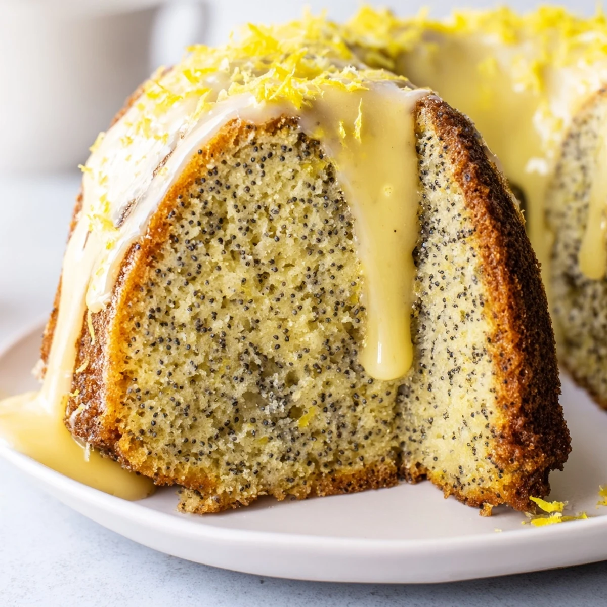 A close-up of a frosted Lemon Poppy Seed Bundt Cake, with textured poppy seeds visible.