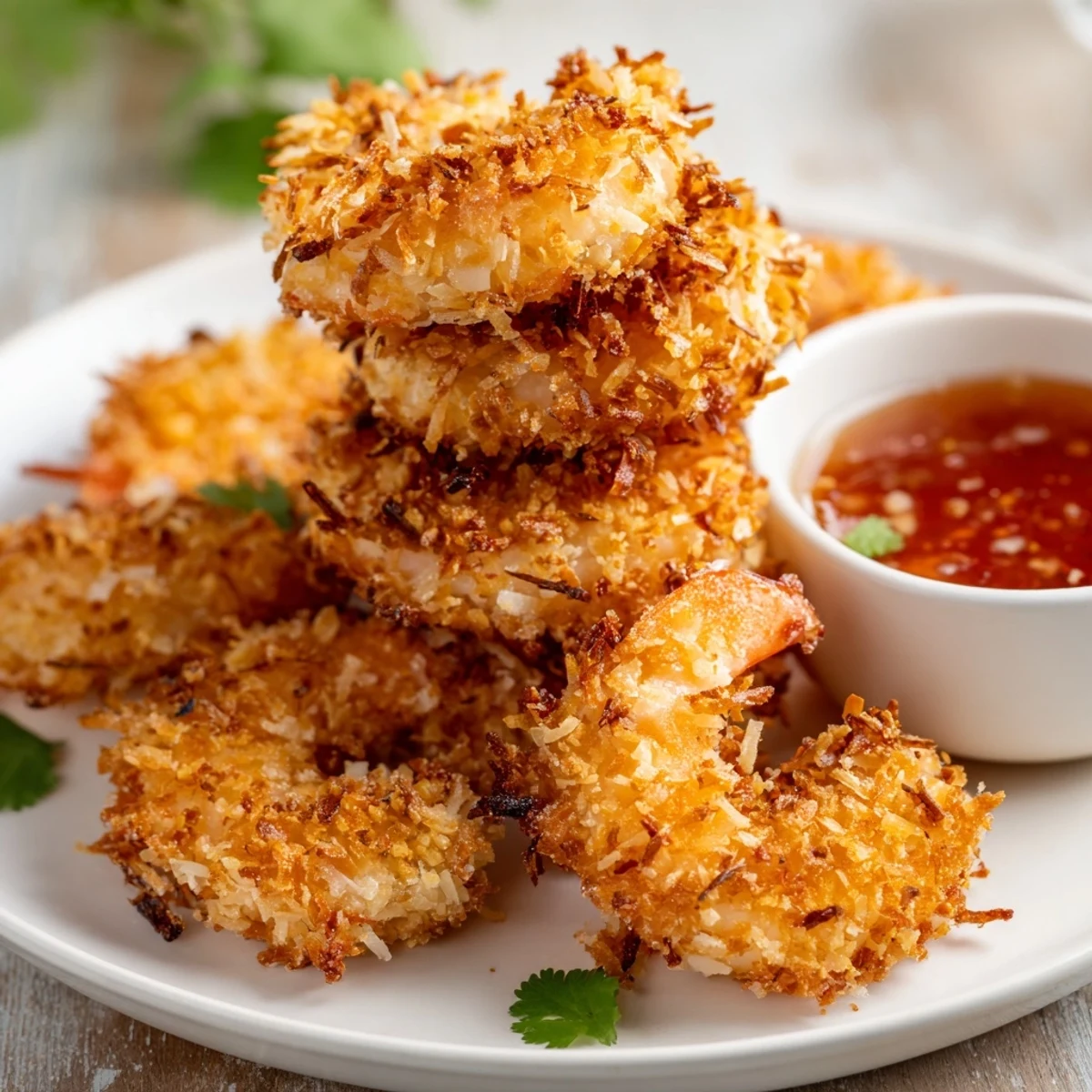 Golden-brown crispy coconut shrimp, ready to dip in sweet chili sauce, perfect snack.