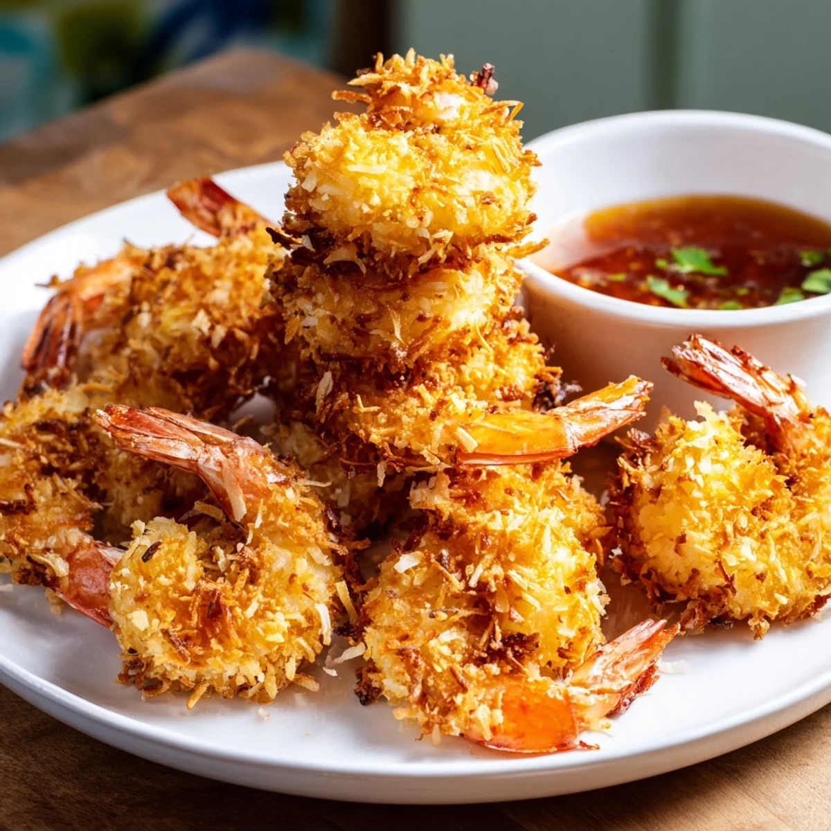 Close-up of perfectly textured crispy coconut shrimp, ideal appetizer for any party.