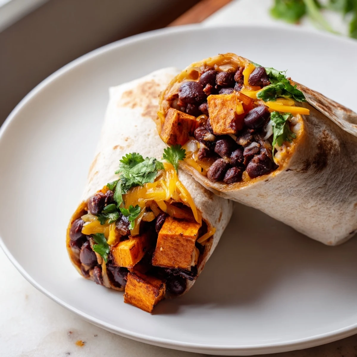 A close-up of a warm, filling Roasted Sweet Potato and Black Bean Burrito, ready to be devoured.