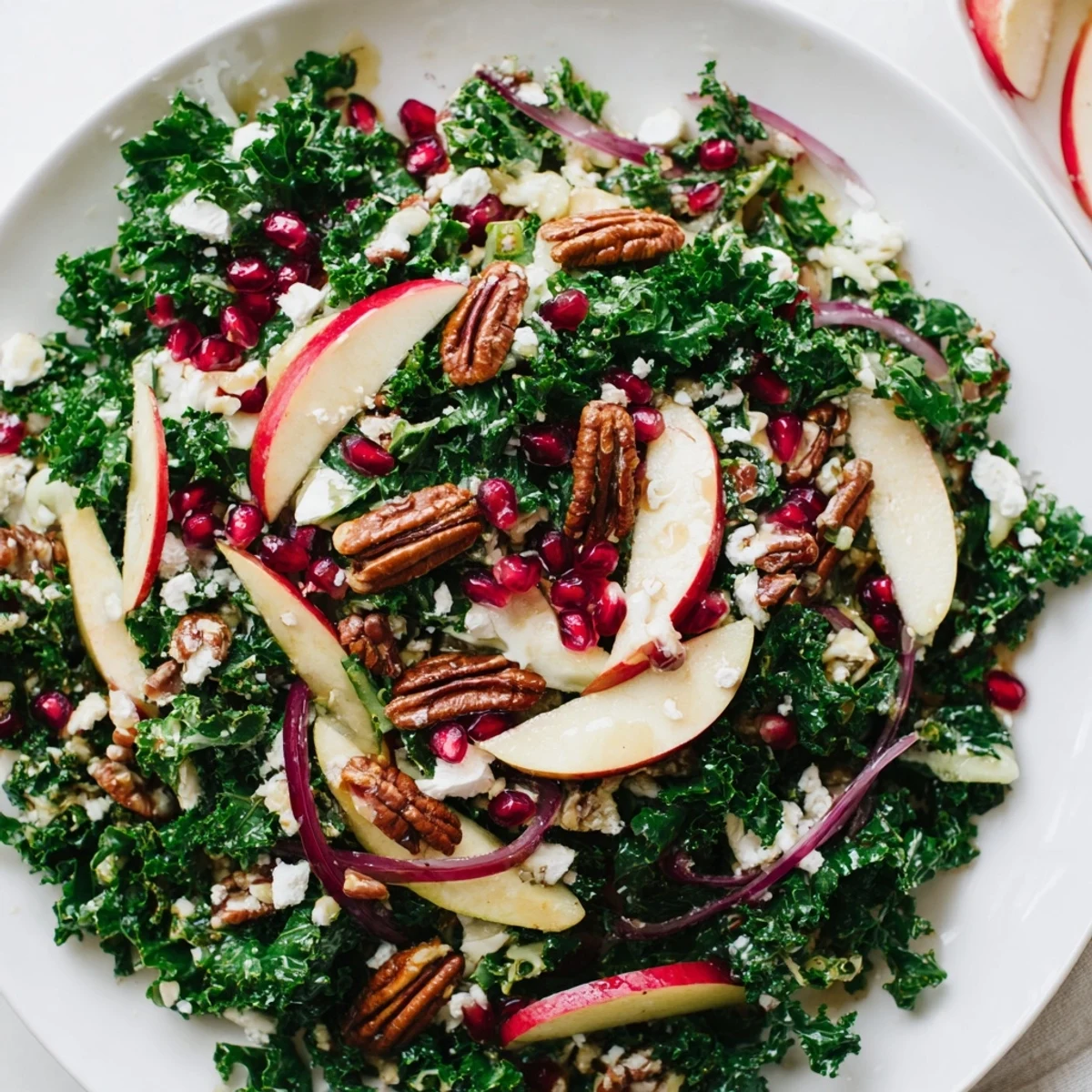 Vibrant Winter Kale Salad with Pomegranate, boasting ruby seeds and toasted pecans, ready to serve.