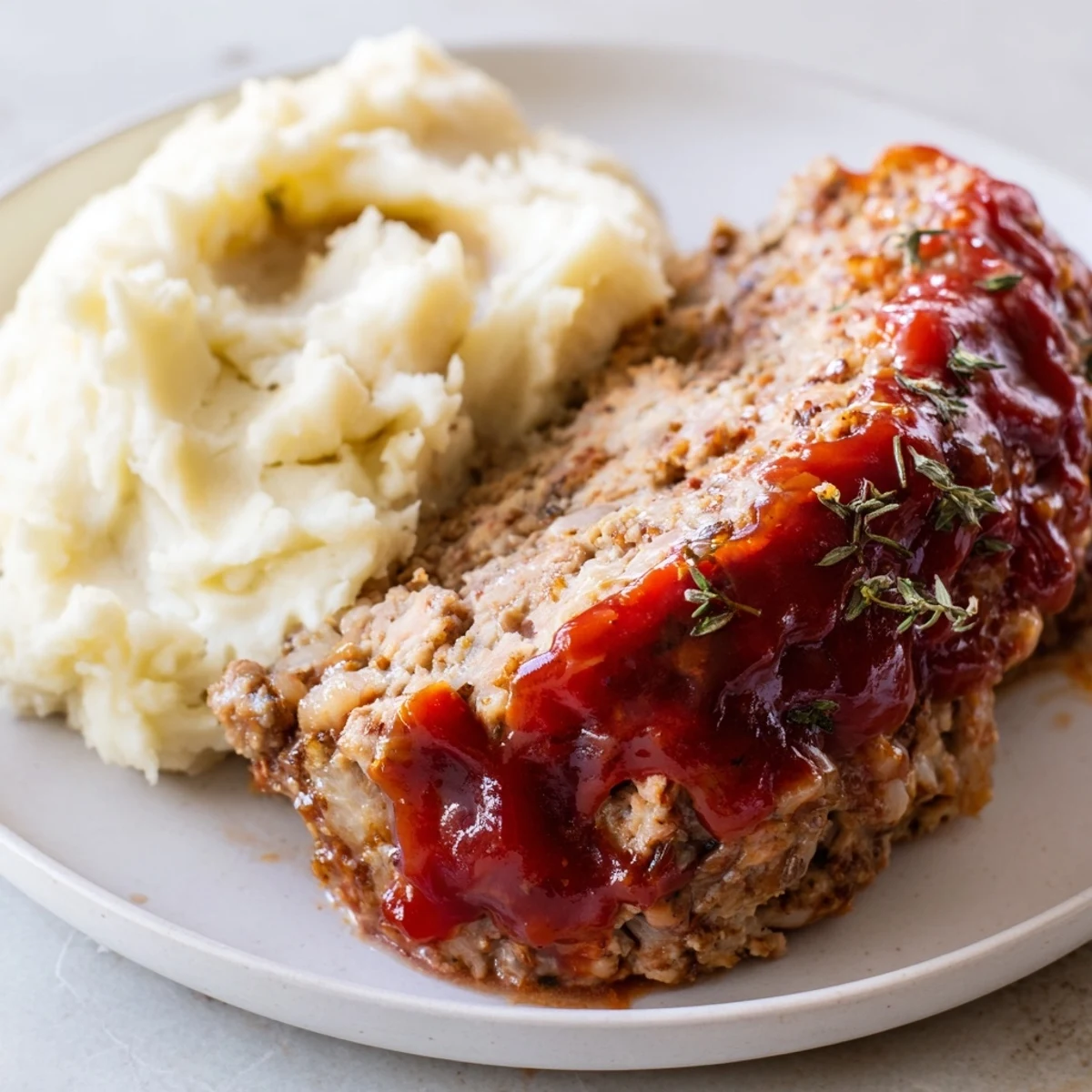 A juicy slice of turkey meatloaf sits beside a fluffy scoop of mashed potatoes.