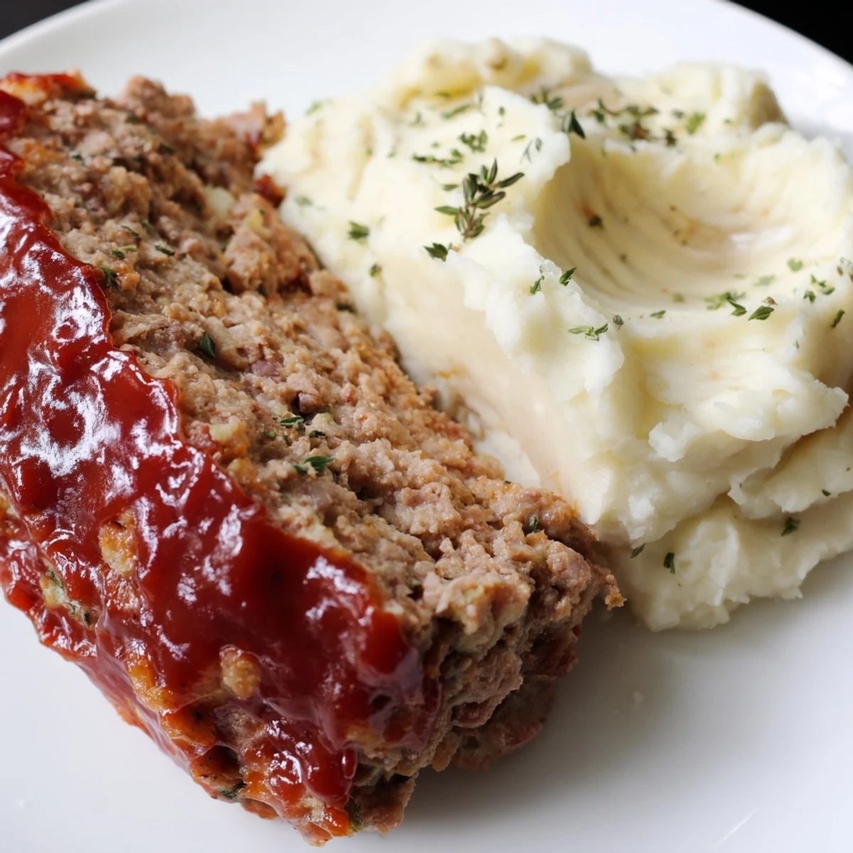 Hearty turkey meatloaf with a sweet glaze, alongside creamy mashed potatoes for a family meal.