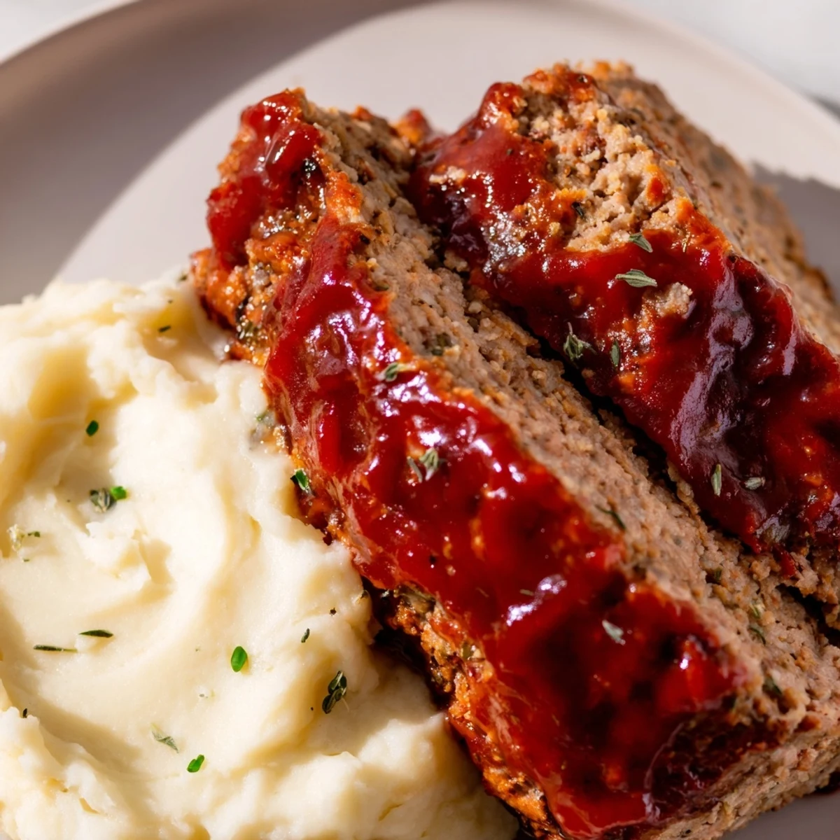 Warm, homemade turkey meatloaf with mashed potatoes, garnished and ready to be served.