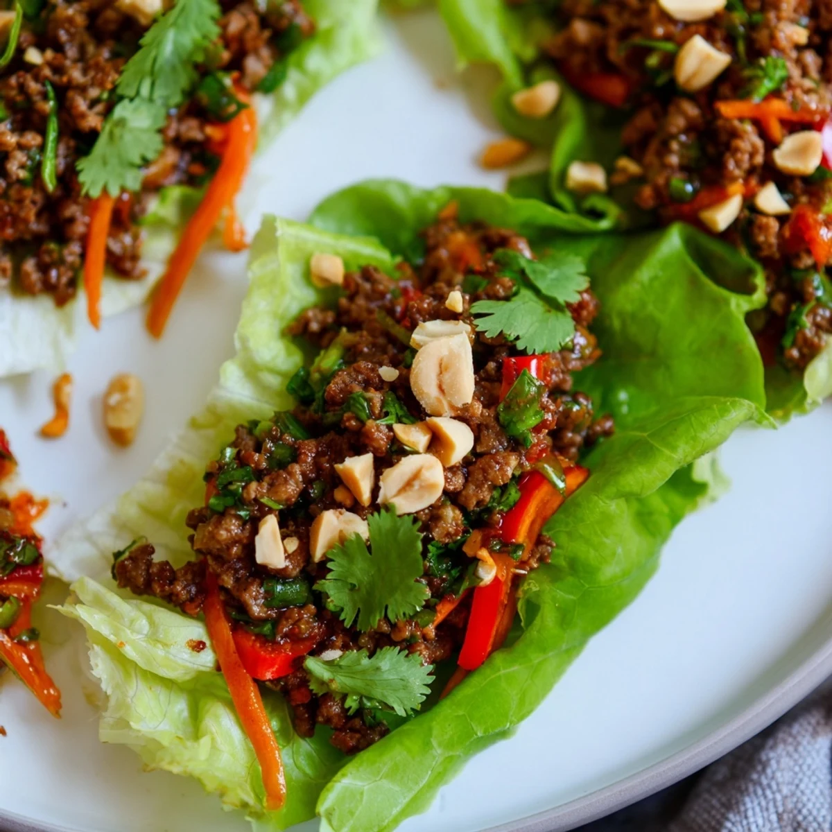 Freshly assembled Beef Lettuce Cups with a squeeze of lime, offering a light, satisfying Asian-inspired dinner.