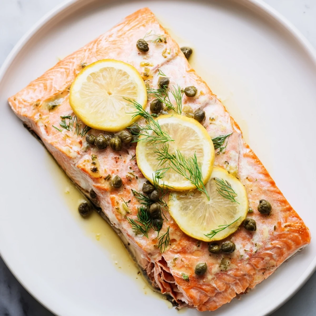 Moist and flavorful baked salmon with dill, capers, and lemon served alongside fresh greens.