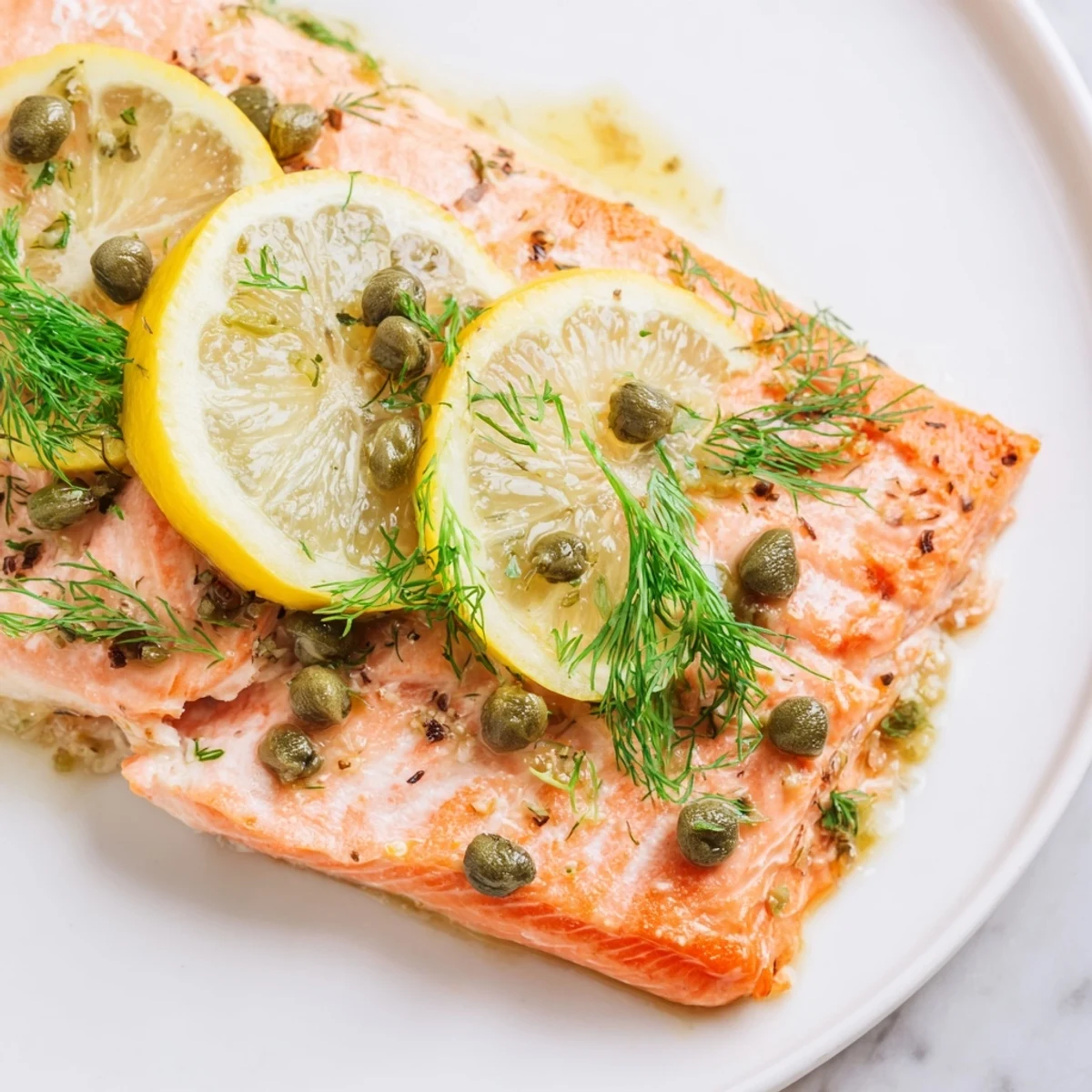 Oven-baked salmon with fresh dill, bright capers and lemon—a simple, elegant dinner.