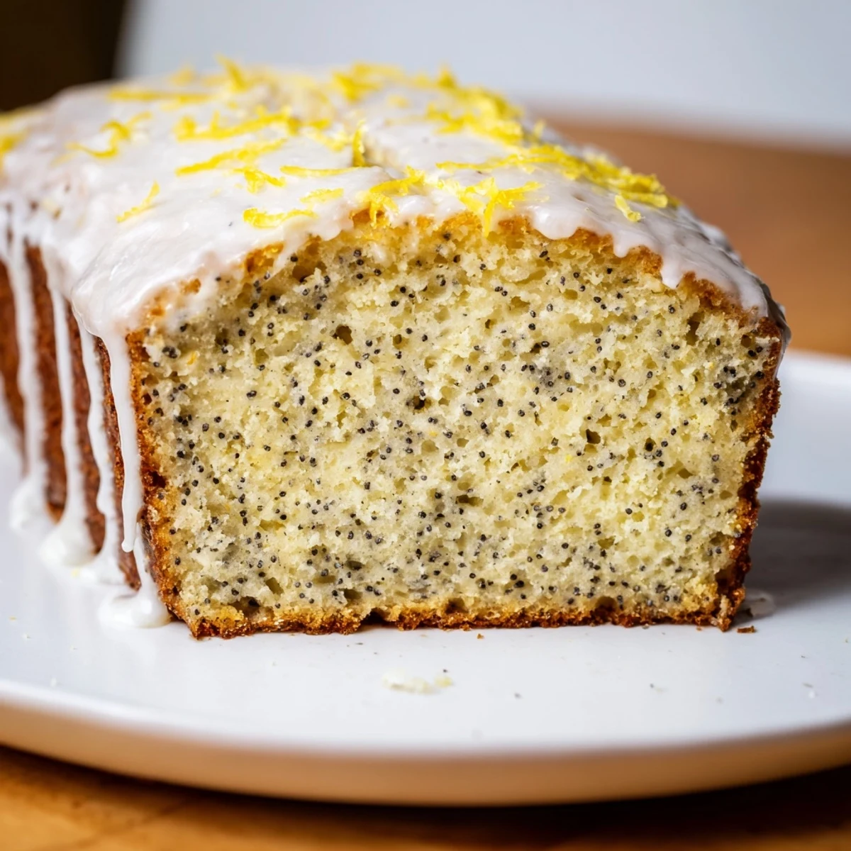 Golden-brown Lemon Poppy Seed Loaf, glazed, offers a wonderful tangy flavor and a delicious crumb.