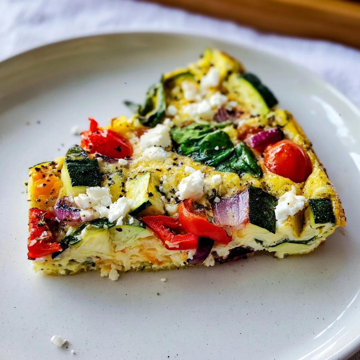 Golden, bubbly Roasted Vegetable Frittata, filled with tender vegetables, and sprinkled with cheese.