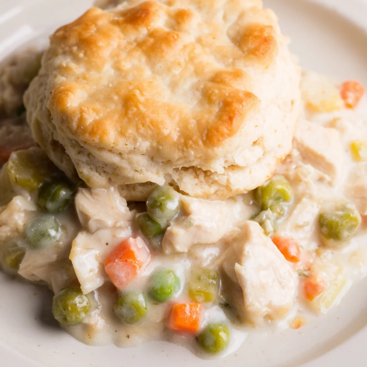 Golden, flaky biscuit crust topping a steaming Chicken Pot Pie, a warm, savory classic.