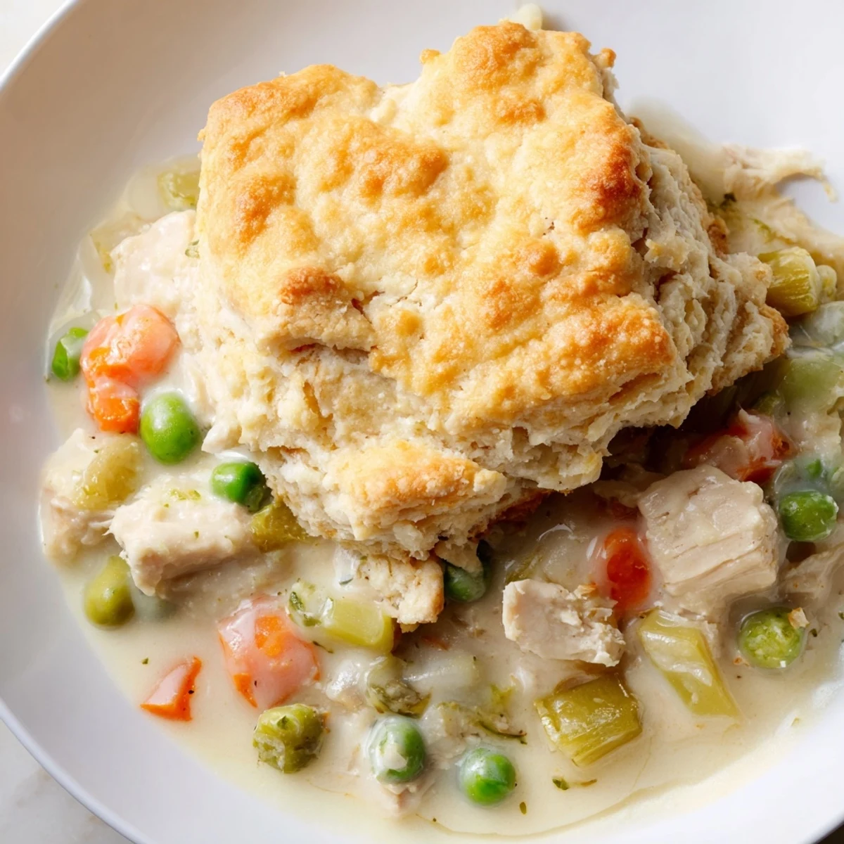 A close-up of a bubbling Chicken Pot Pie with its golden biscuit topping, ready to serve.