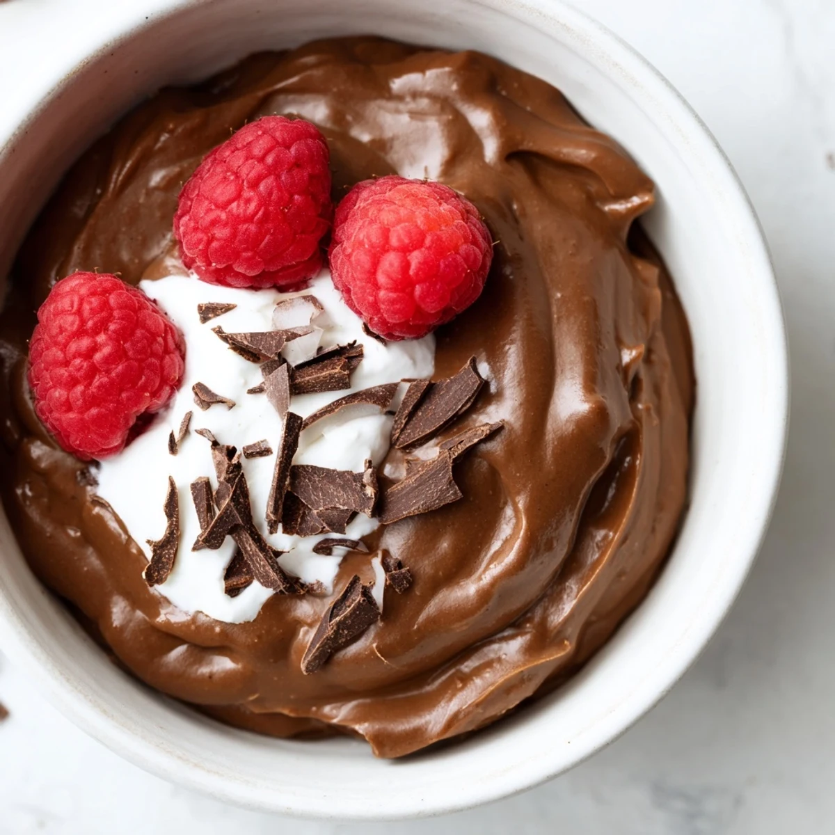 A serving of homemade Chocolate Avocado Pudding, topped with fresh berries and shaved chocolate.