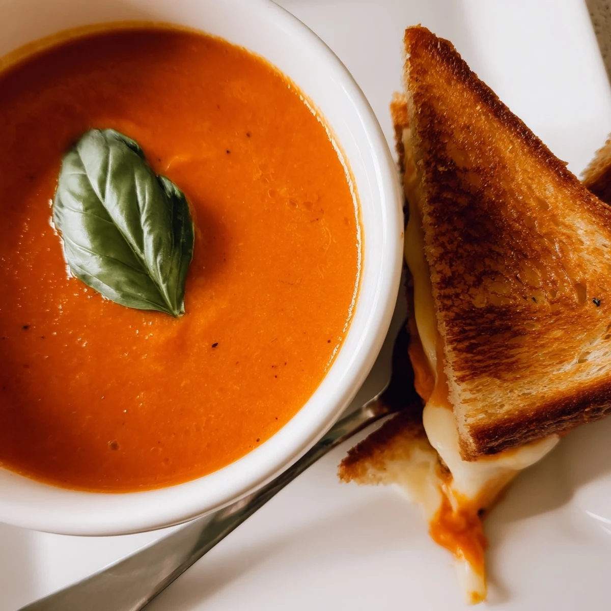Velvety Creamy Tomato Basil Bisque with Grilled Cheese, steam rising, beside crisp greens for a cozy meal.