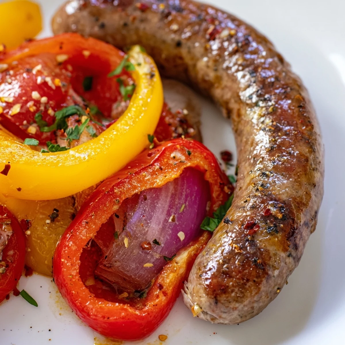 Golden-brown Sheet Pan Sausage and Peppers with Onions roasted alongside vibrant, tender vegetables.