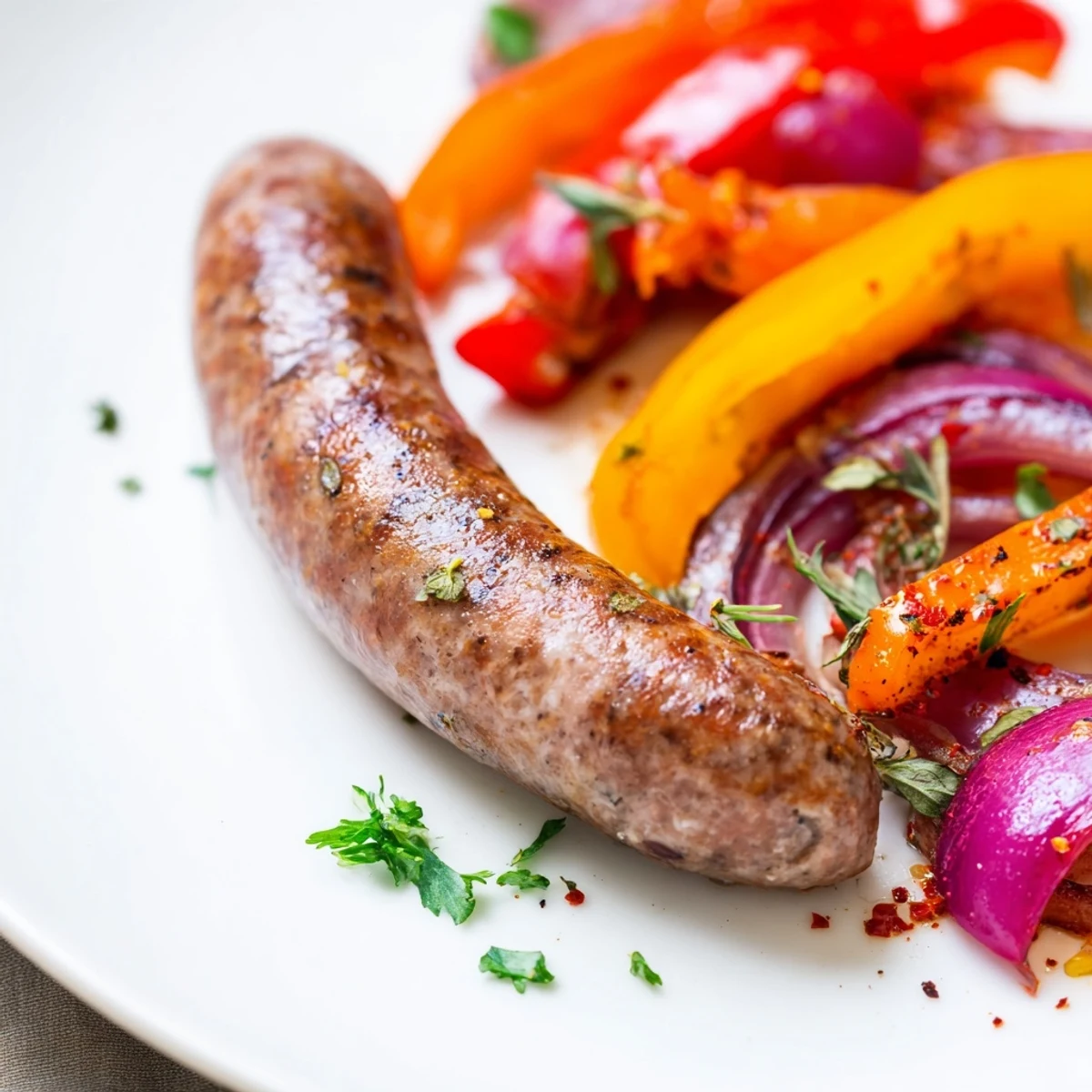 Savory Sheet Pan Sausage and Peppers with Onions served hot, garnished with parsley and crusty bread.