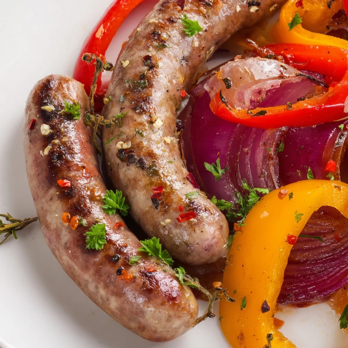 Caramelized Sheet Pan Sausage and Peppers with Onions resting on a parchment-lined pan, steam rising.
