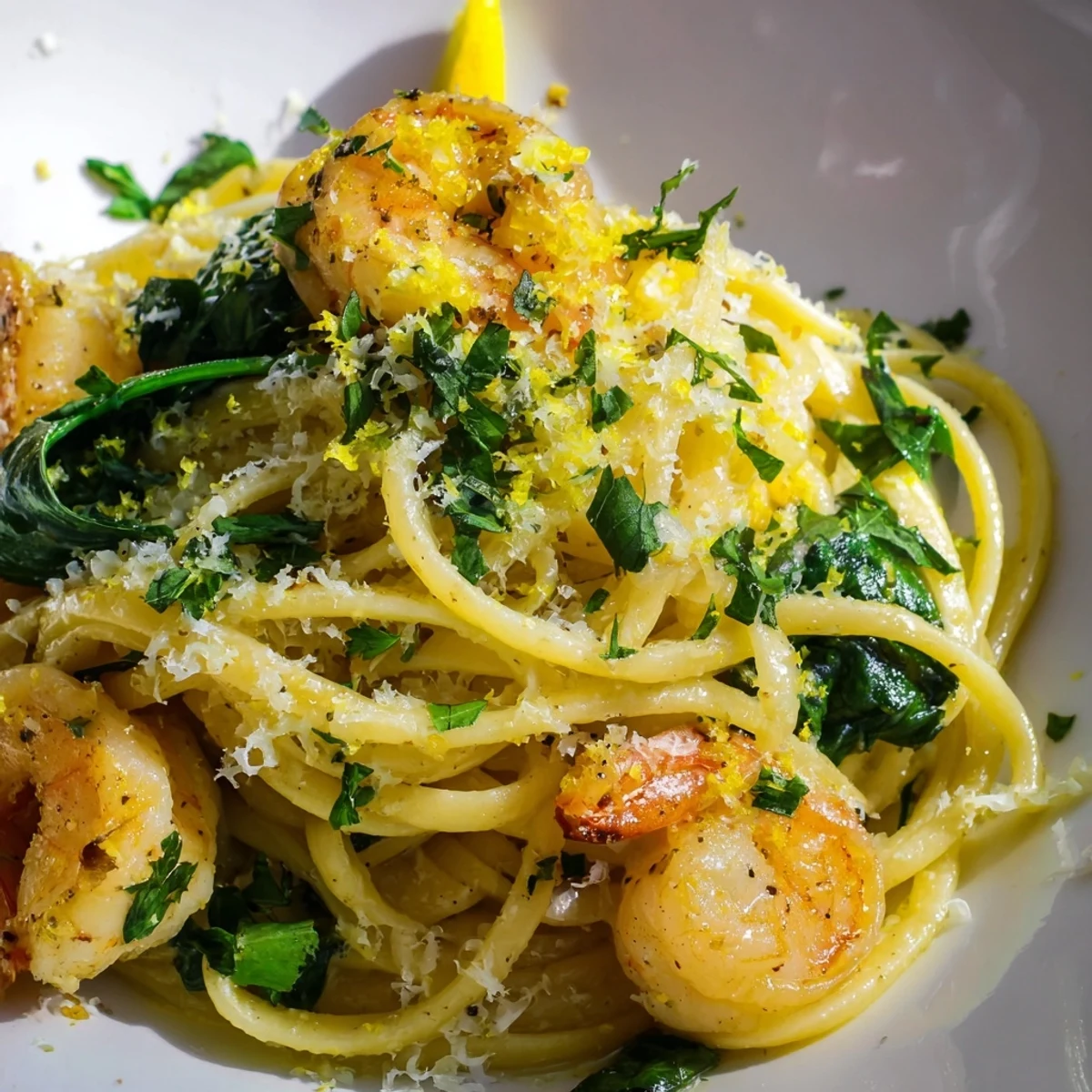 Golden sautéed shrimp, garlic, and wilted spinach are tossed in a bright lemon sauce over linguine in a white bowl.