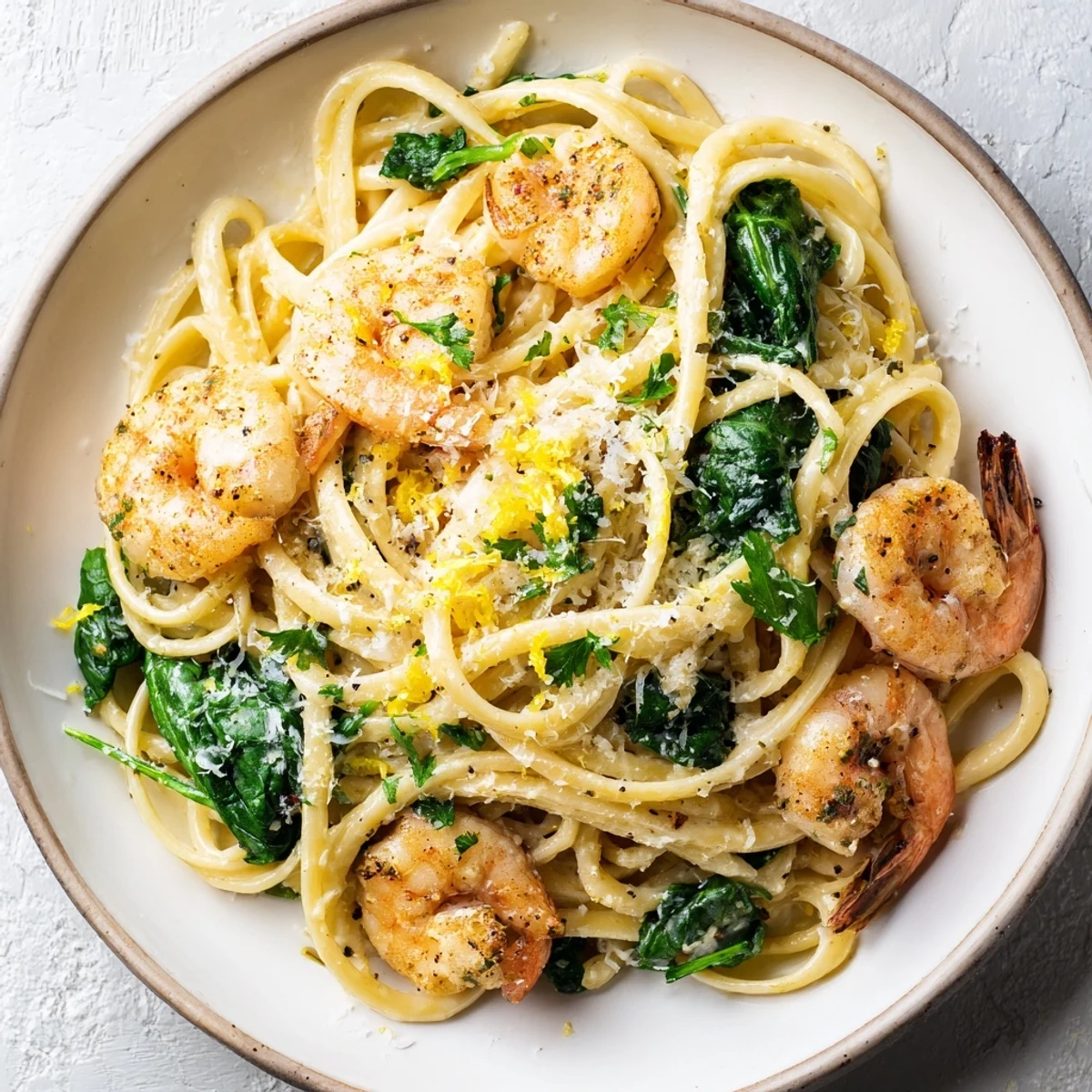 A fork lifts a bite of Lemon Garlic Shrimp Pasta with Fresh Spinach, revealing silky, glistening noodles and plump shrimp.