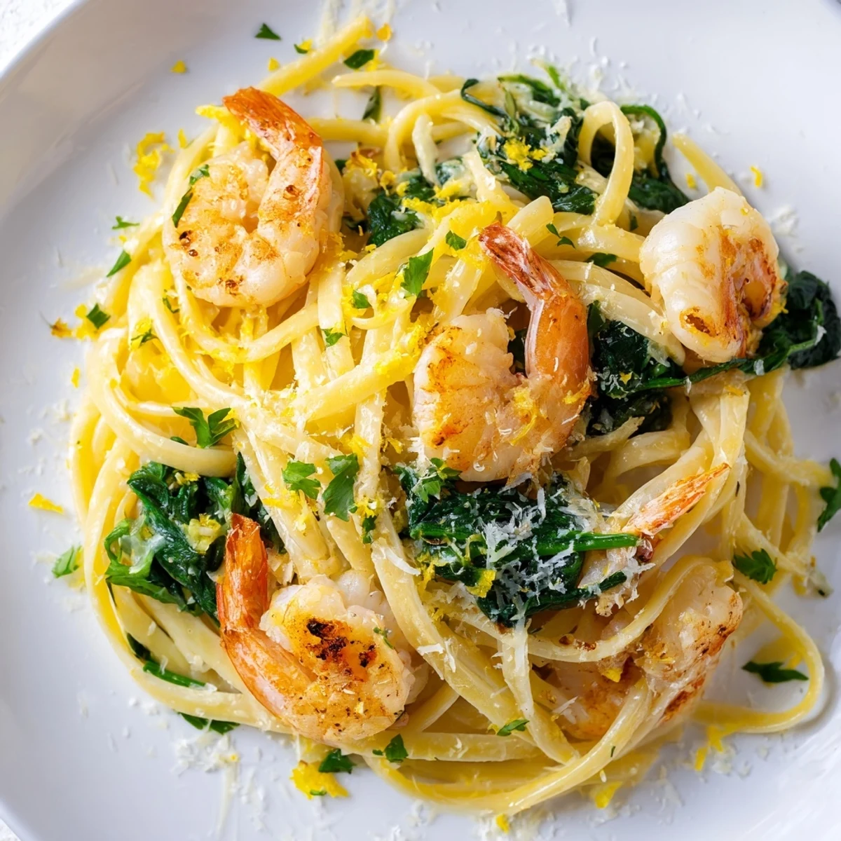 Served with crusty bread and a glass of white wine, this Lemon Garlic Shrimp Pasta with Fresh Spinach looks vibrant.