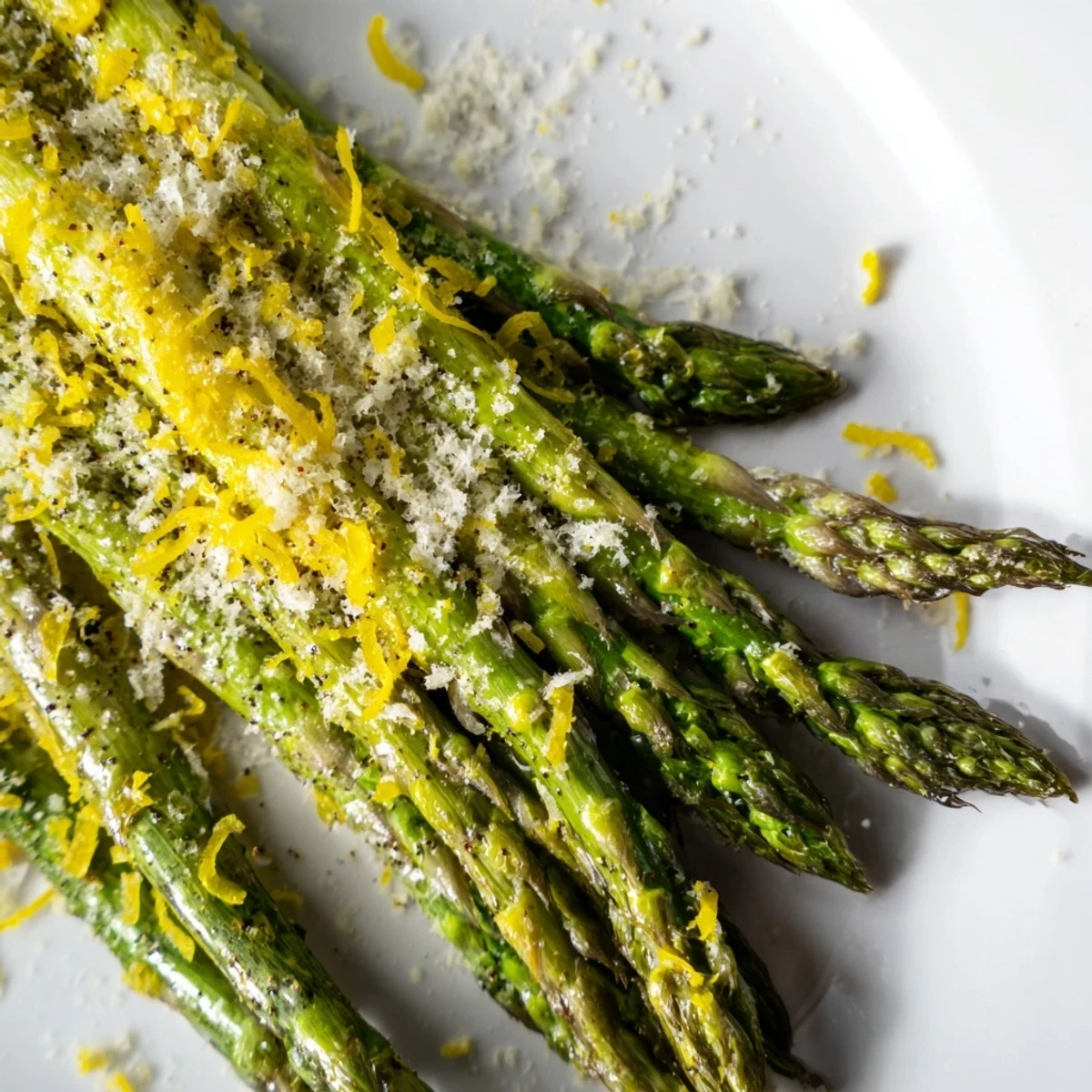 Roasted Asparagus with Parmesan and Lemon Zest on a baking sheet, baked with olive oil and sprinkled with fresh lemon zest.