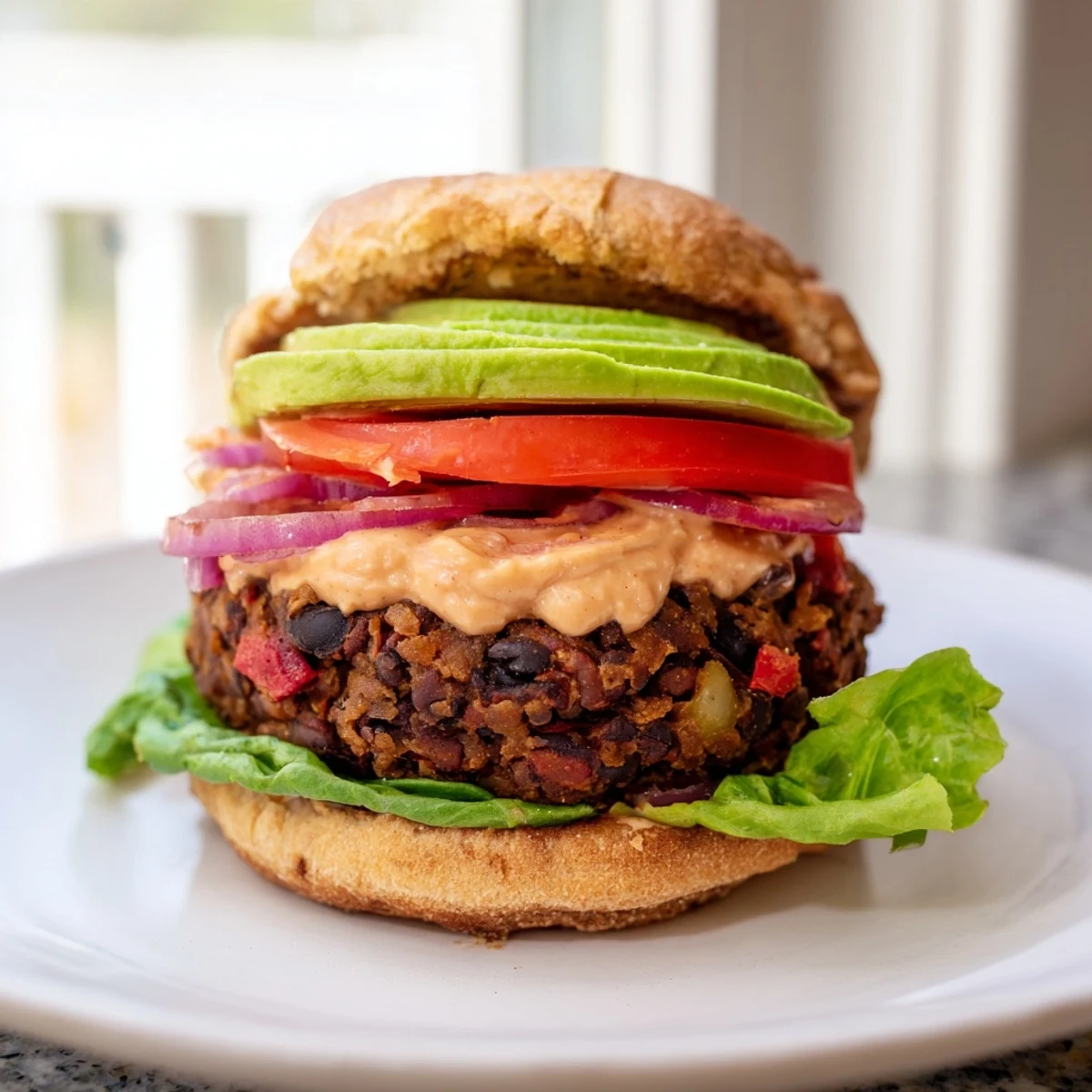 Thick, golden Vegan Black Bean Burger patties sizzling in a skillet next to creamy chipotle mayo in a small bowl.