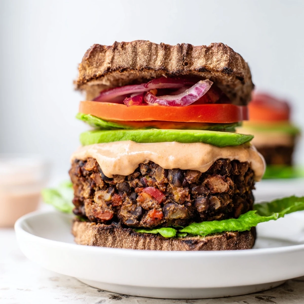 Freshly assembled Vegan Black Bean Burger on a toasted bun, layered with lettuce, tomato, onion, and avocado slices.