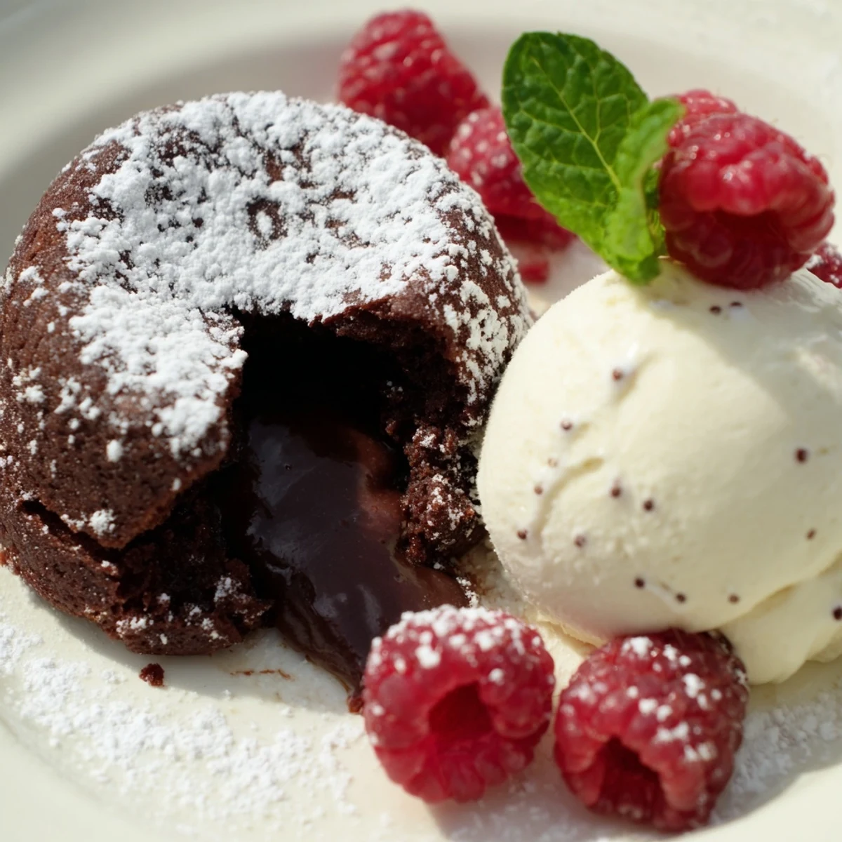 Gooey Chocolate Lava Cakes with Vanilla Bean Ice Cream served in ramekins alongside a dusting of cocoa powder. 