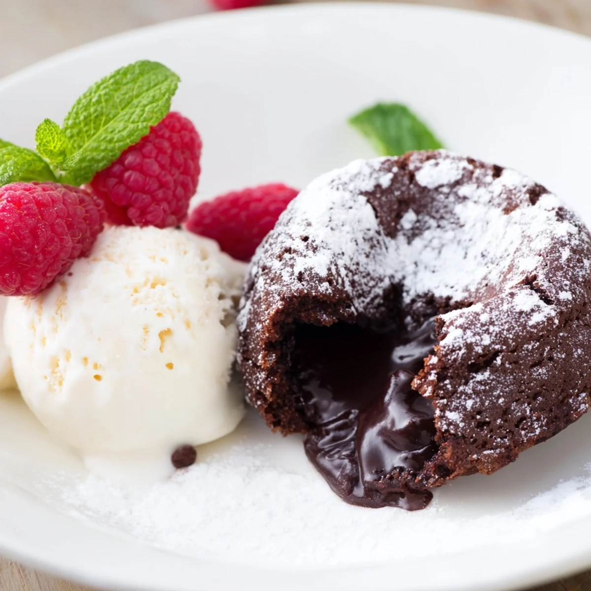 Warm Chocolate Lava Cakes with Vanilla Bean Ice Cream topped with fresh berries on a dessert plate. 