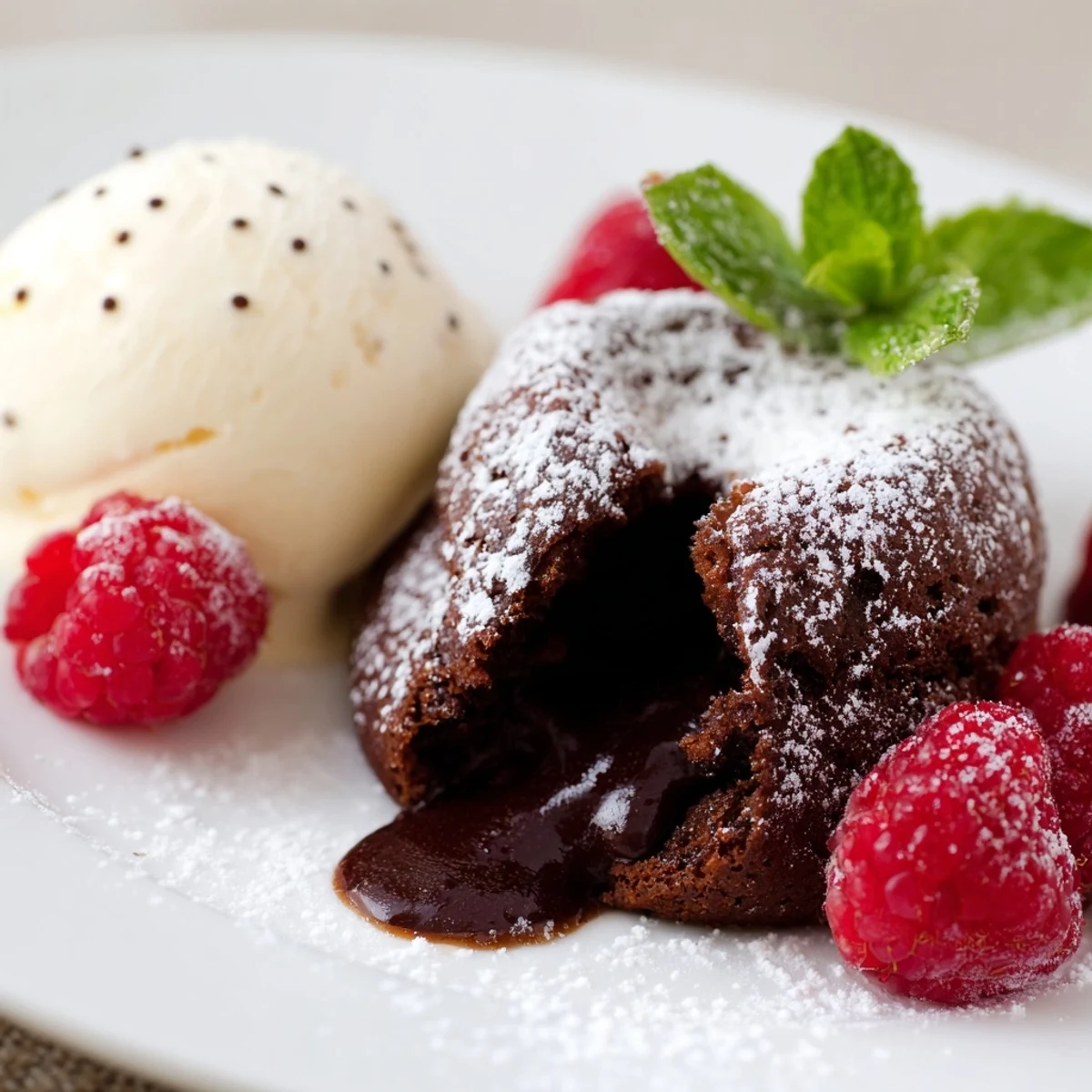 Decadent Chocolate Lava Cakes with Vanilla Bean Ice Cream with a molten center and mint garnish.