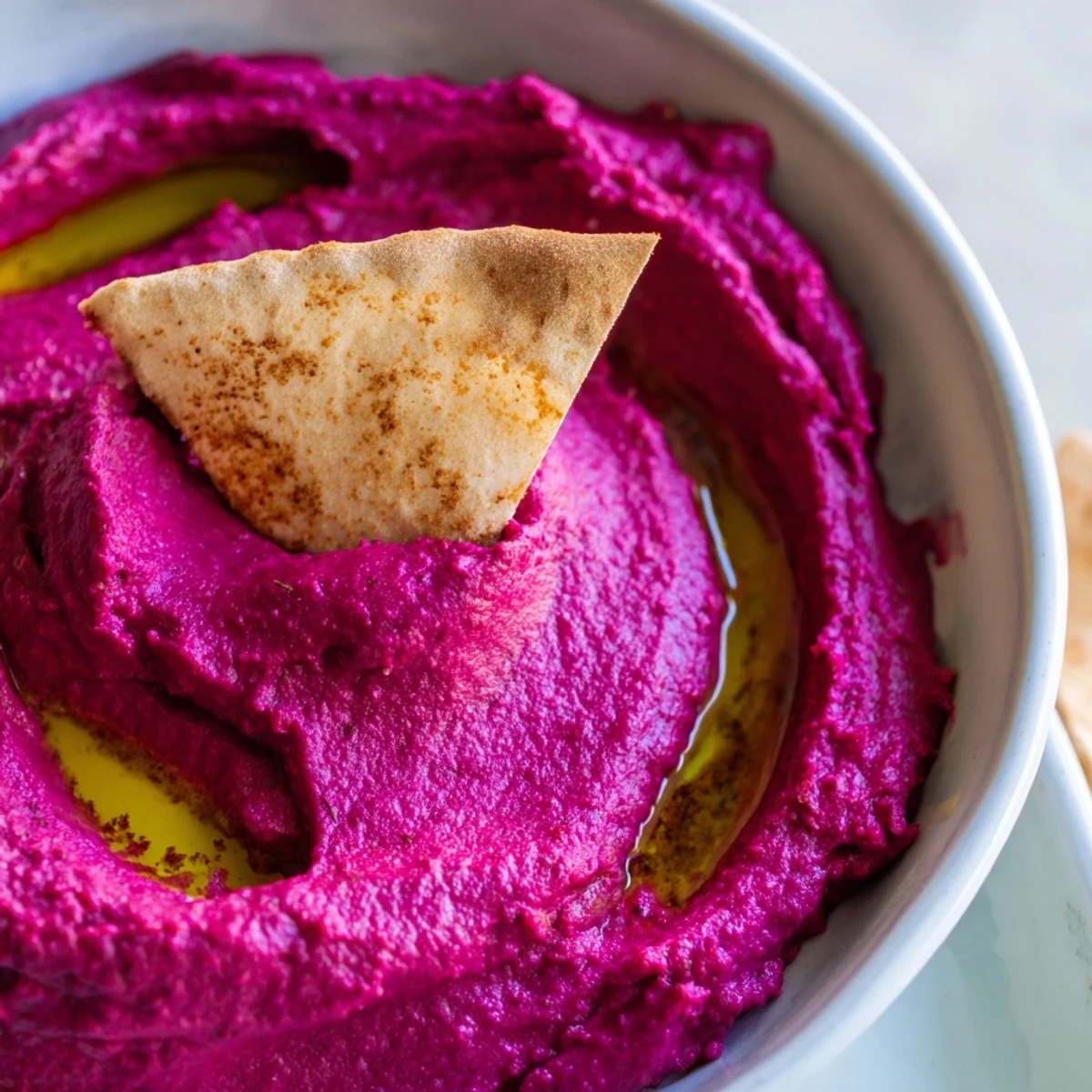 A bowl of vibrant Roasted Beet Hummus topped with olive oil beside golden toasted pita chips.