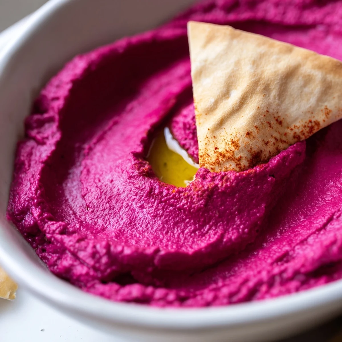 Bright pink Roasted Beet Hummus served with crisp pita chips, perfect for a party platter.