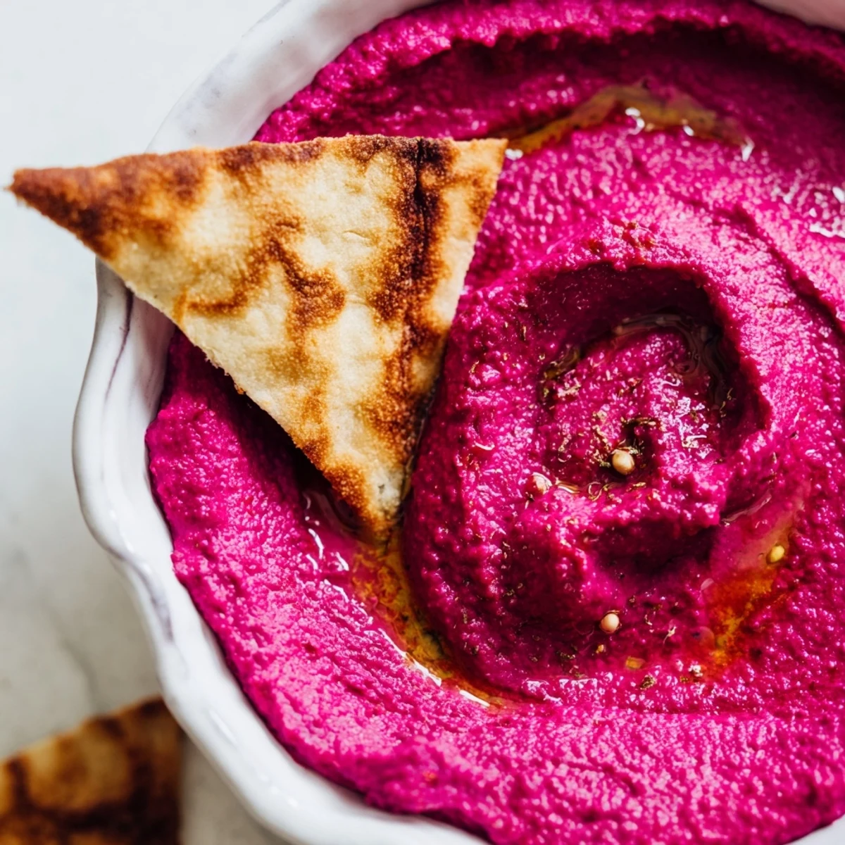 Creamy Roasted Beet Hummus in a white bowl with crunchy baked pita chips for dipping.