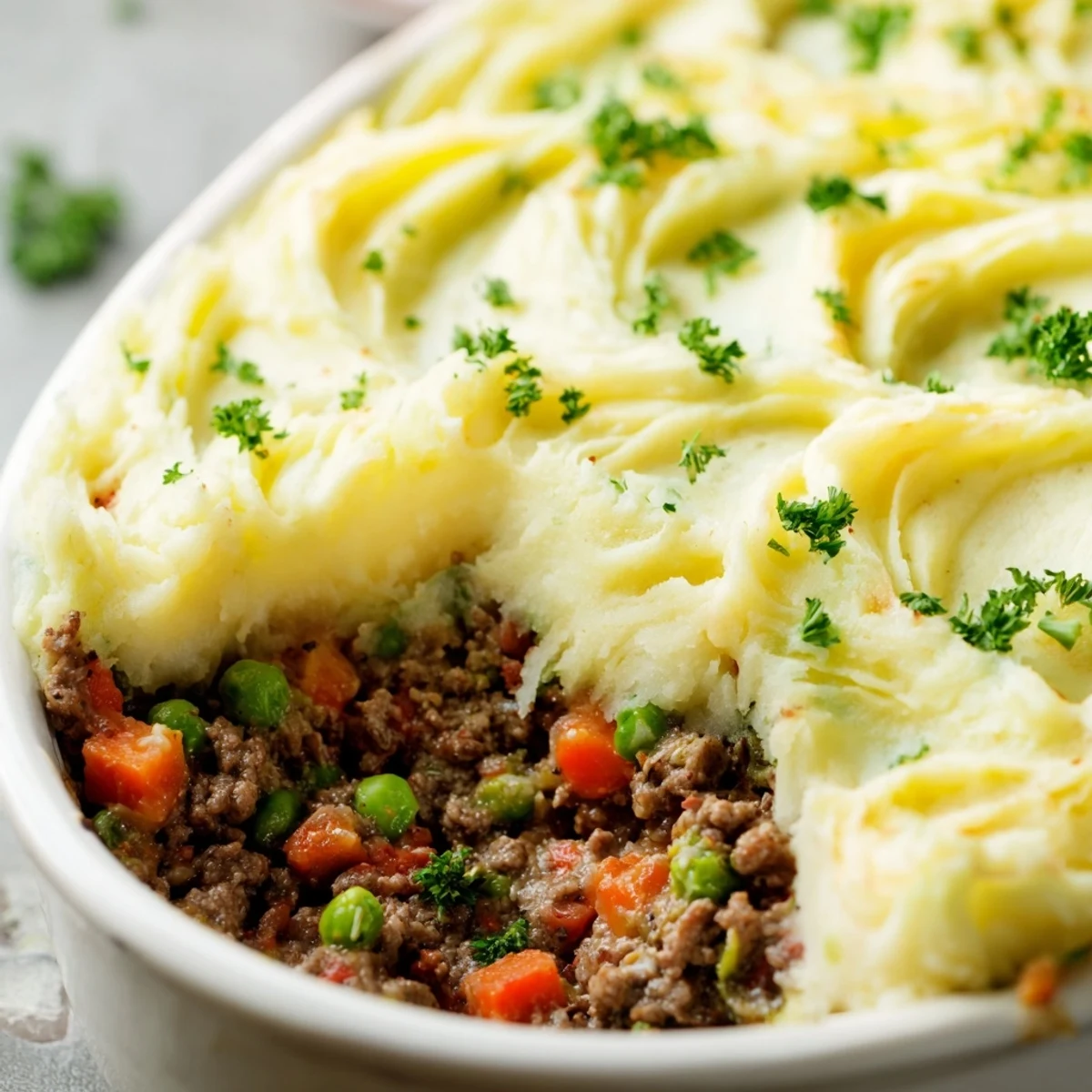 Spoonful of savory Beef Shepherds Pie with Cauliflower Mash Topping reveals creamy mash over rich beef and peas.