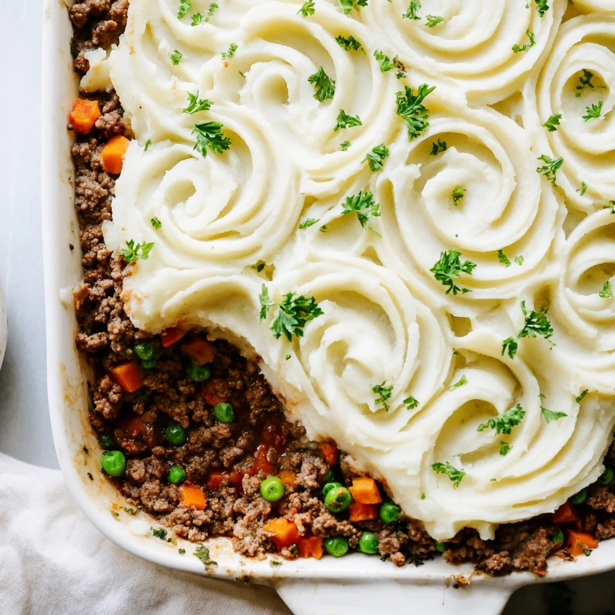 Freshly baked Beef Shepherds Pie with Cauliflower Mash Topping garnished with parsley on a rustic wooden table.