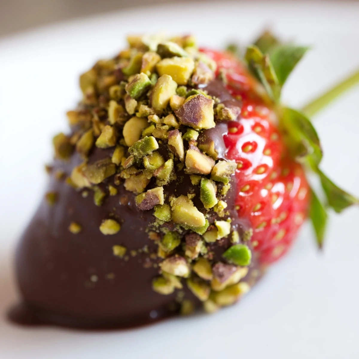 Whole fresh strawberries with pistachios dipped in melted dark chocolate, arranged neatly on a baking sheet for easy serving.