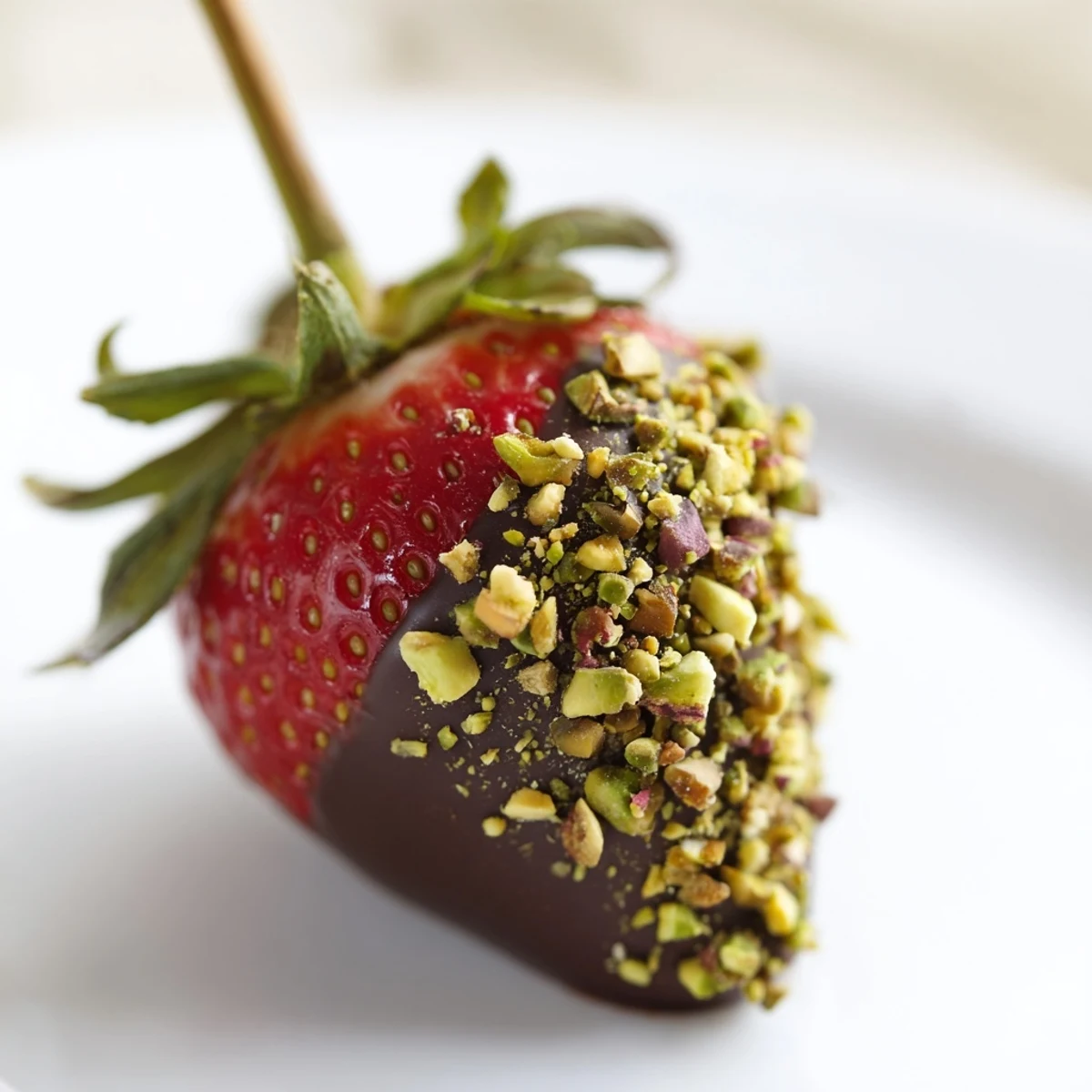 Chocolate covered strawberries with pistachios resting on parchment paper, showcasing juicy red berries and crunchy chopped nut toppings.