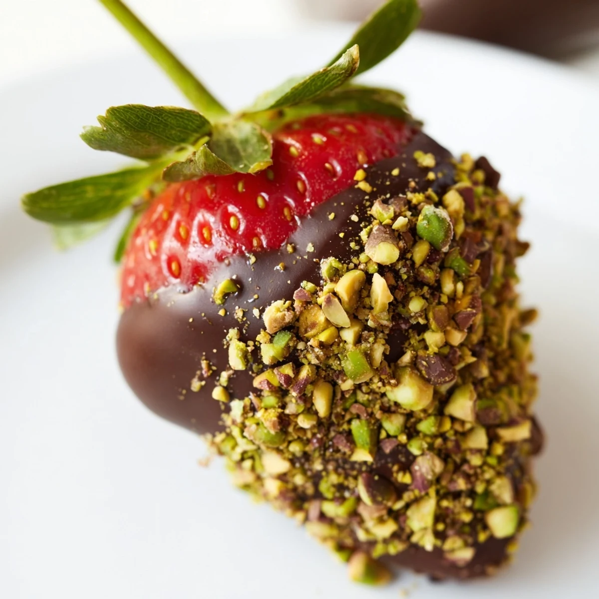 Decadent chocolate covered strawberries with pistachios garnished with chopped nuts, ready to enjoy as a sweet dessert snack.