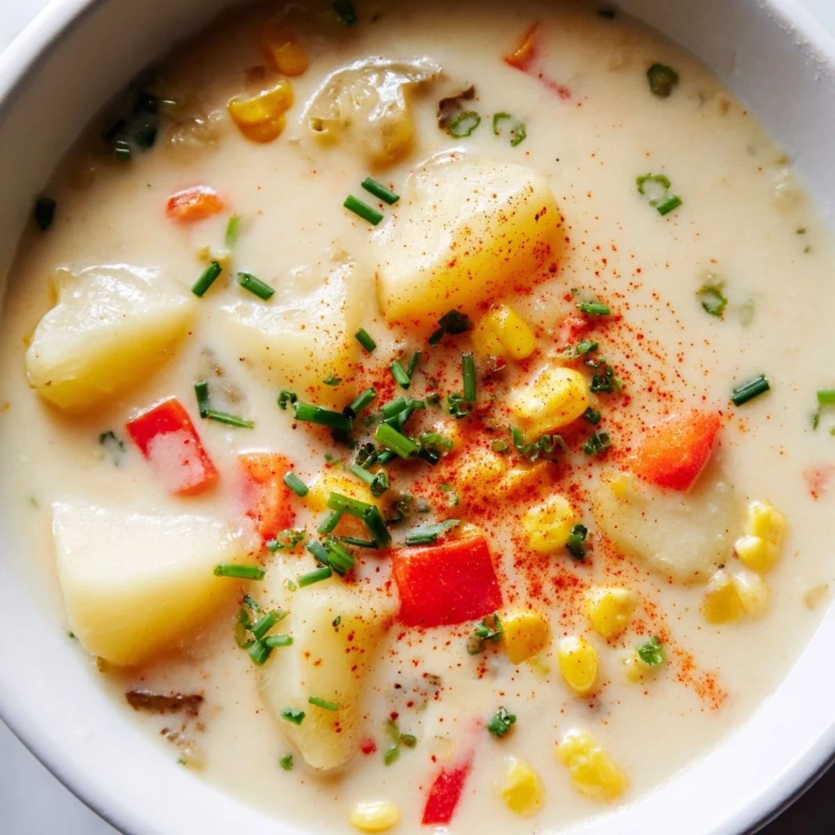 A ladle serves up Creamy Corn Chowder with Smoked Paprika, showcasing velvety broth with sweet corn and diced red bell pepper.
