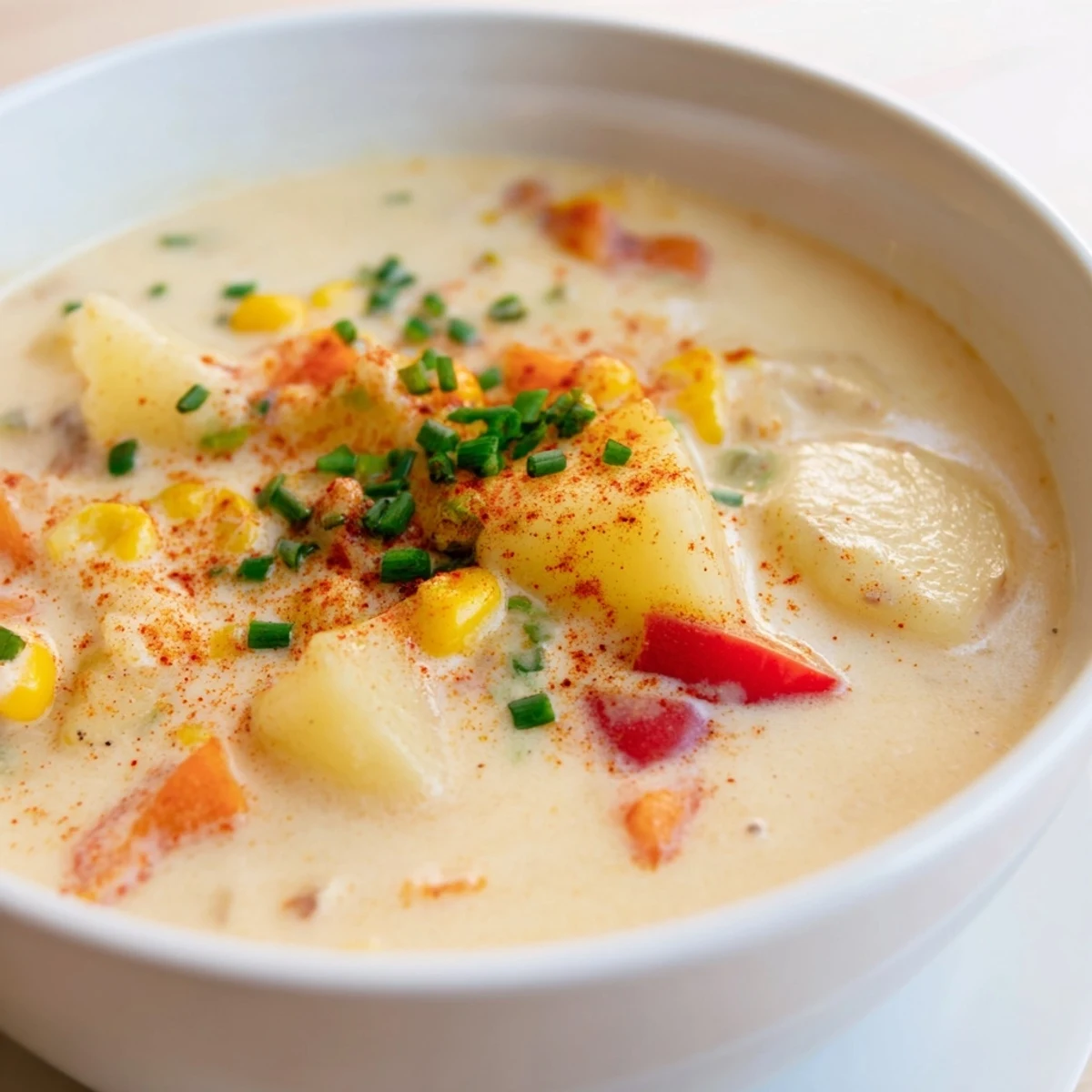 Creamy Corn Chowder with Smoked Paprika in a rustic bowl, garnished with fresh chives and a dusting of spice beside crusty bread.