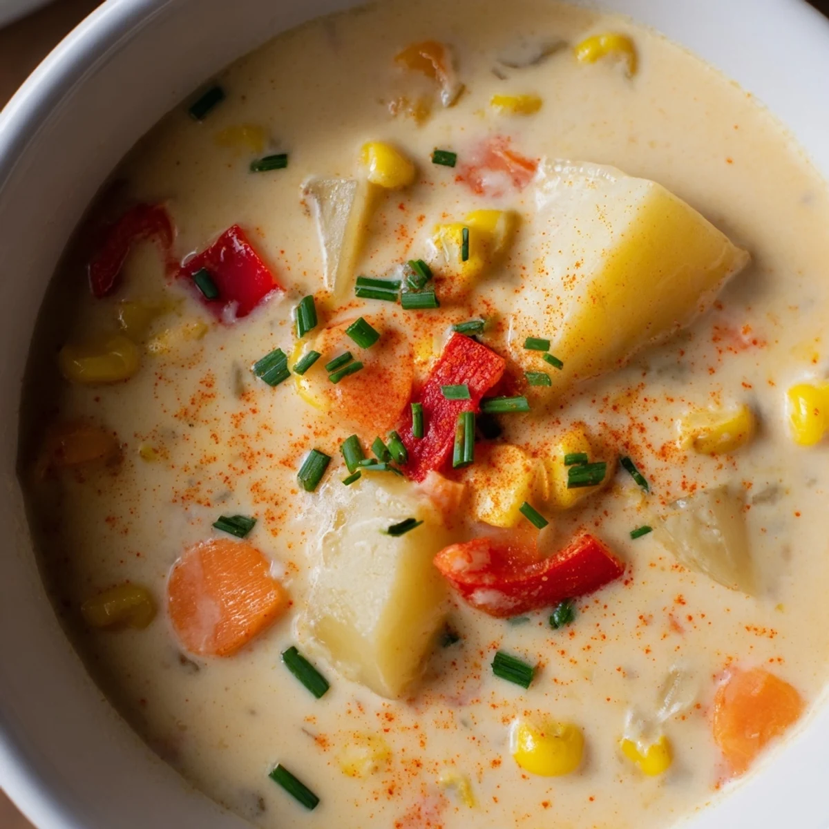 Close-up of Creamy Corn Chowder with Smoked Paprika, highlighting tender potatoes in a golden, creamy broth topped with fresh chives.