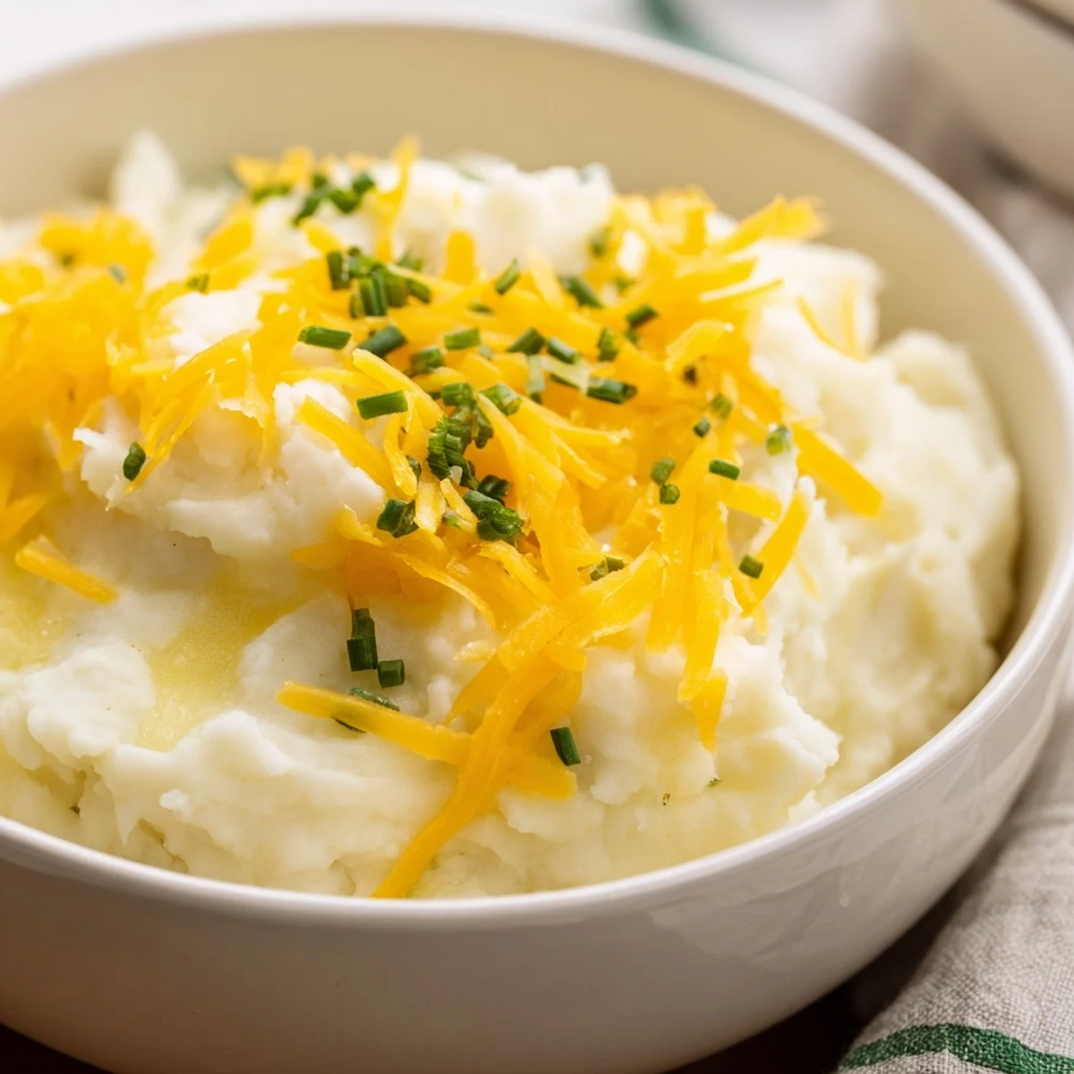 Roasted garlic and cheddar flavor in this low-carb Garlic Mashed Cauliflower with Cheese side dish.