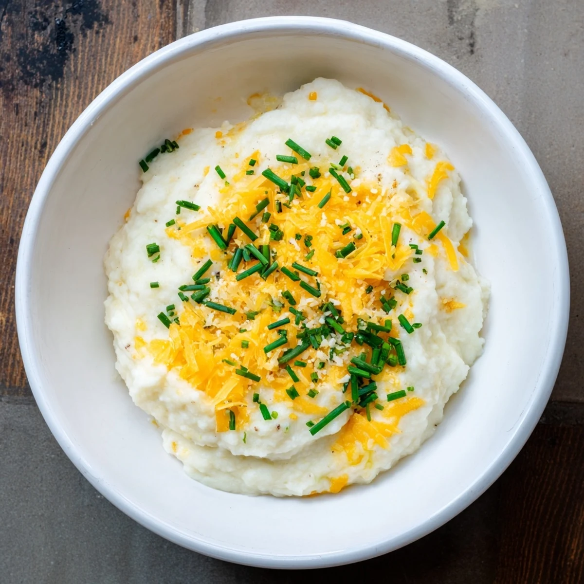 Savory Garlic Mashed Cauliflower with Cheese being scooped with a spoon, showing its smooth texture.