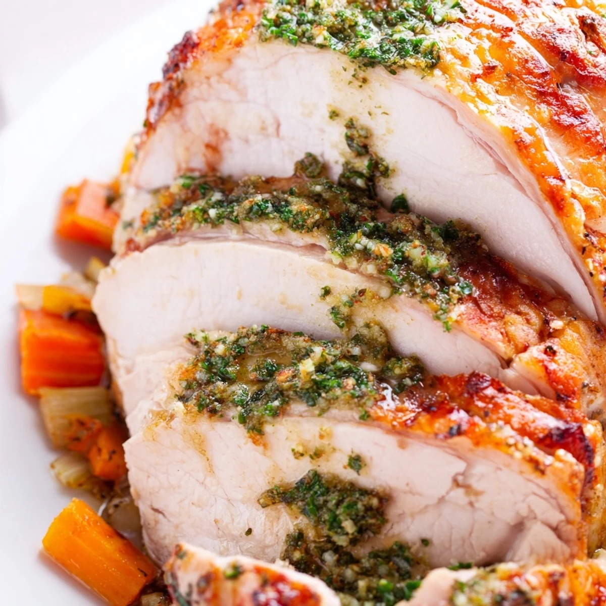 Golden-brown Lemon Herb Roasted Turkey Crown glistening with pan juices on a serving platter.