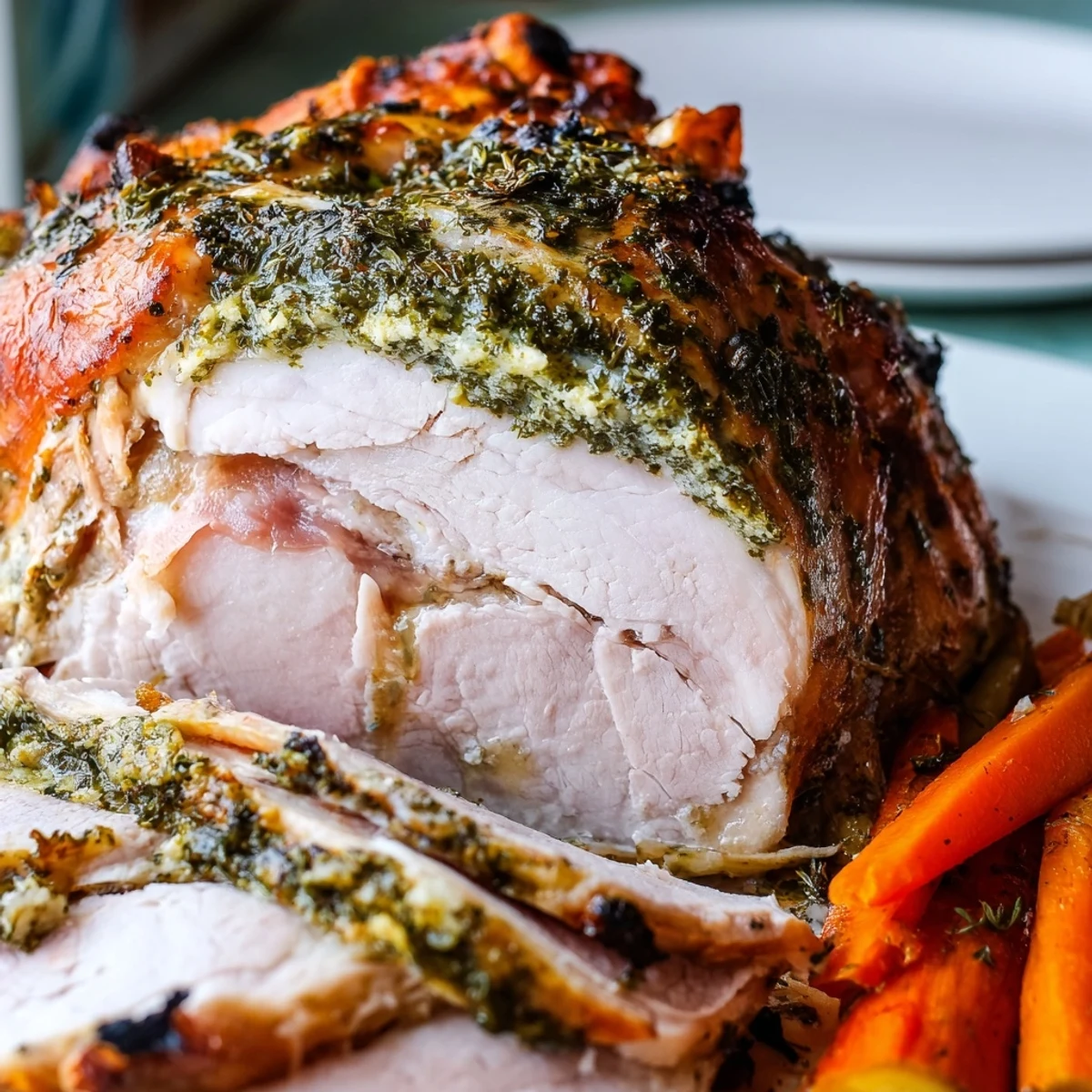 Perfectly carved slices of Lemon Herb Roasted Turkey Crown served with gravy and stuffing.