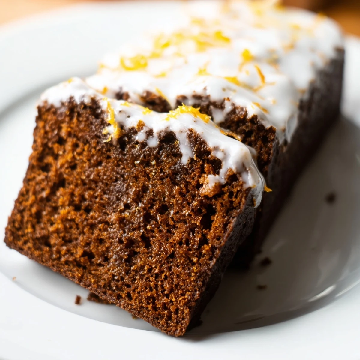 Freshly baked Gingerbread Loaf with Orange Icing drizzled over a warm slice, revealing moist crumb and spicy aromas.