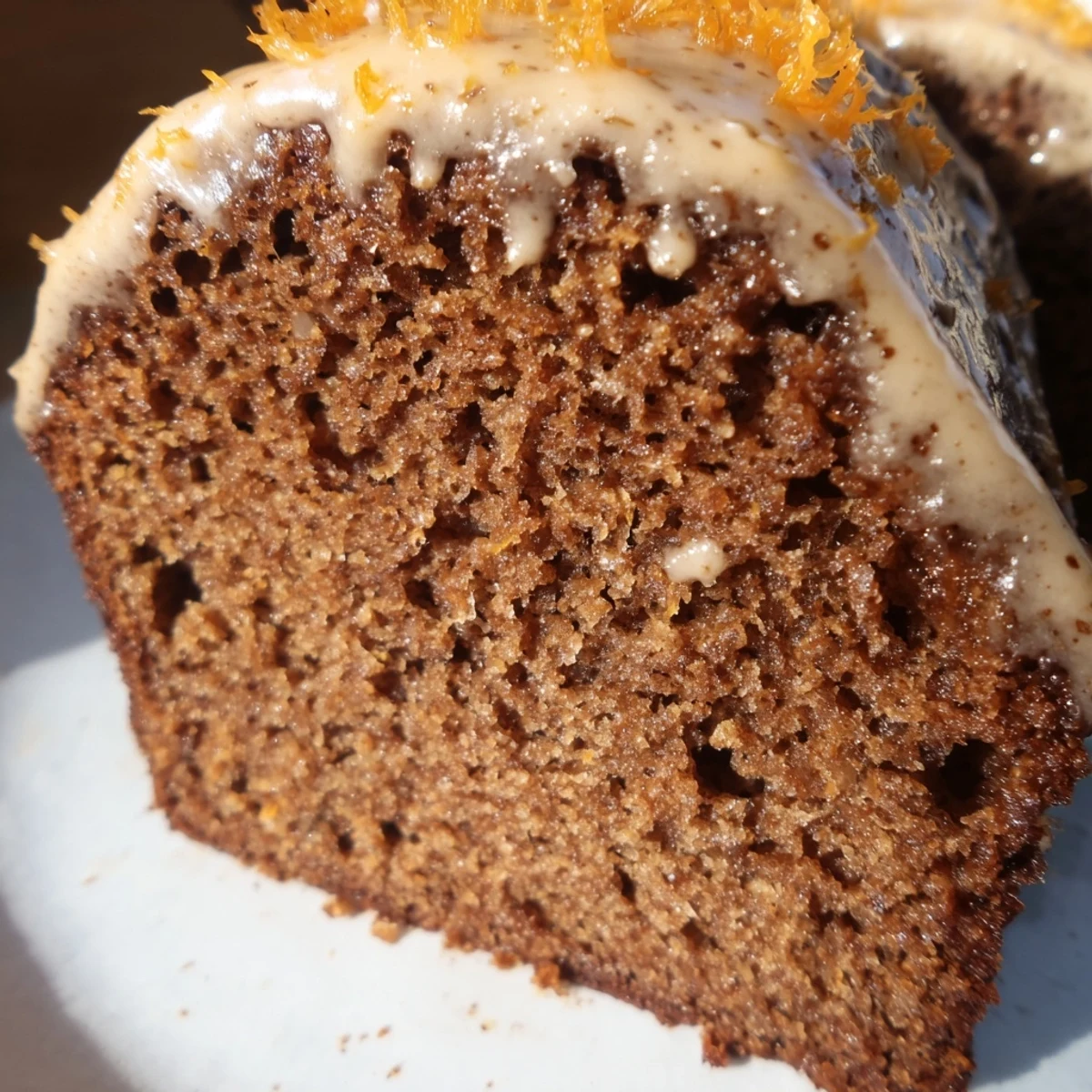 A freshly sliced piece of Gingerbread Loaf with Orange Icing on a rustic plate, showcasing the tender interior and glossy glaze.