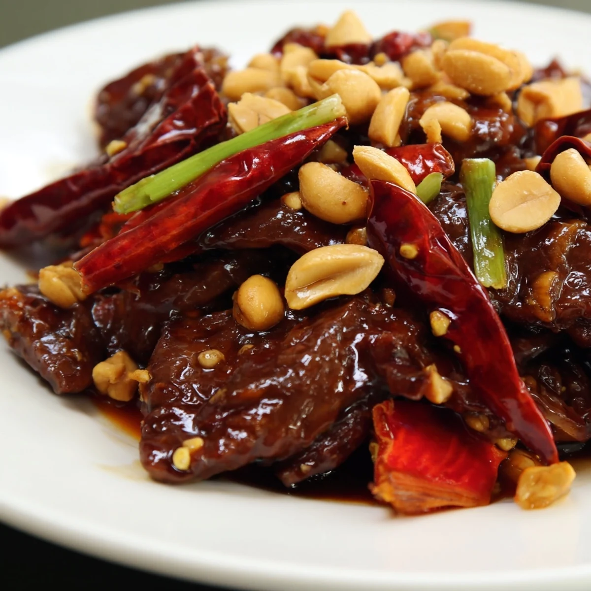 Tender marinated beef and crunchy peanuts are tossed in a glossy, fiery red Szechuan sauce.