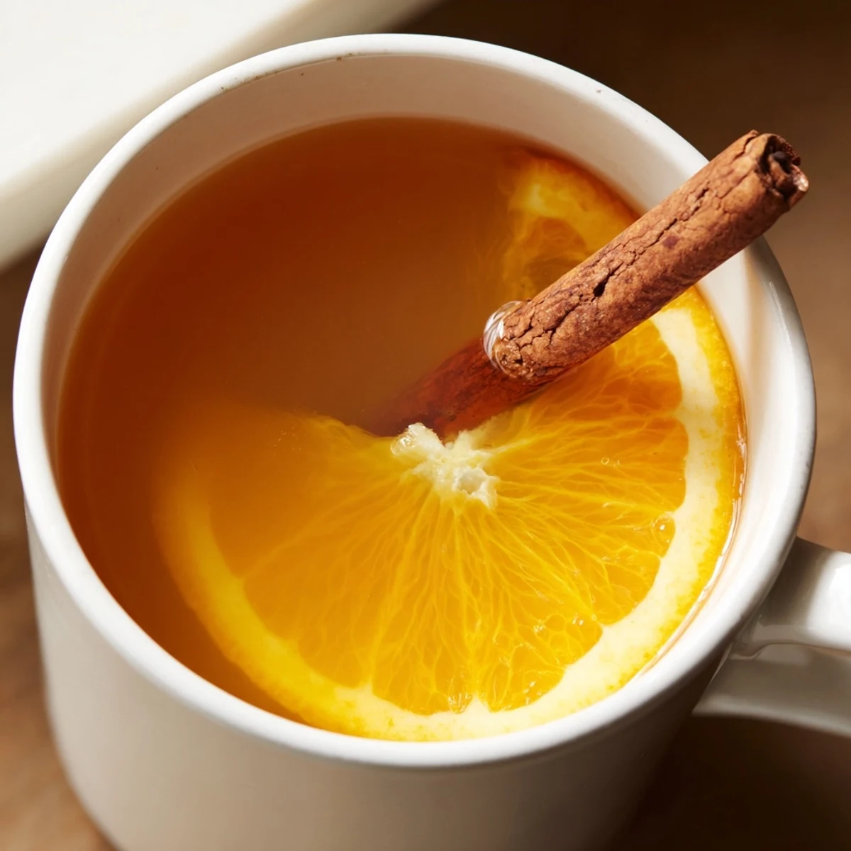 A close-up of strained spiced hot apple juice with cinnamon, star anise, and cloves.