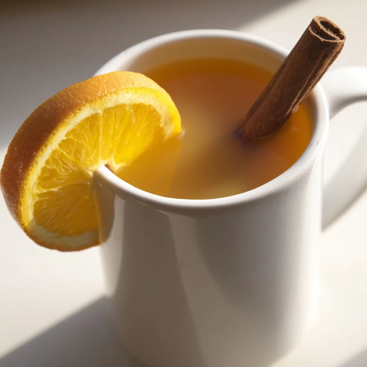 Cozy spiced hot apple juice with cinnamon sticks in a rustic mug on a wooden table.