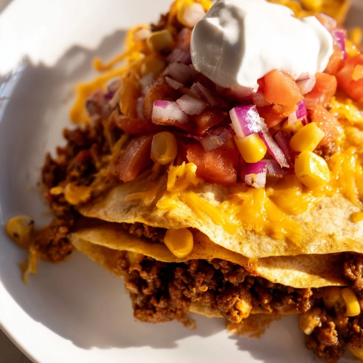 Golden brown seasoned ground beef piled into soft tacos, finished with a zesty fresh corn salsa and a sprinkle of Monterey Jack cheese.
